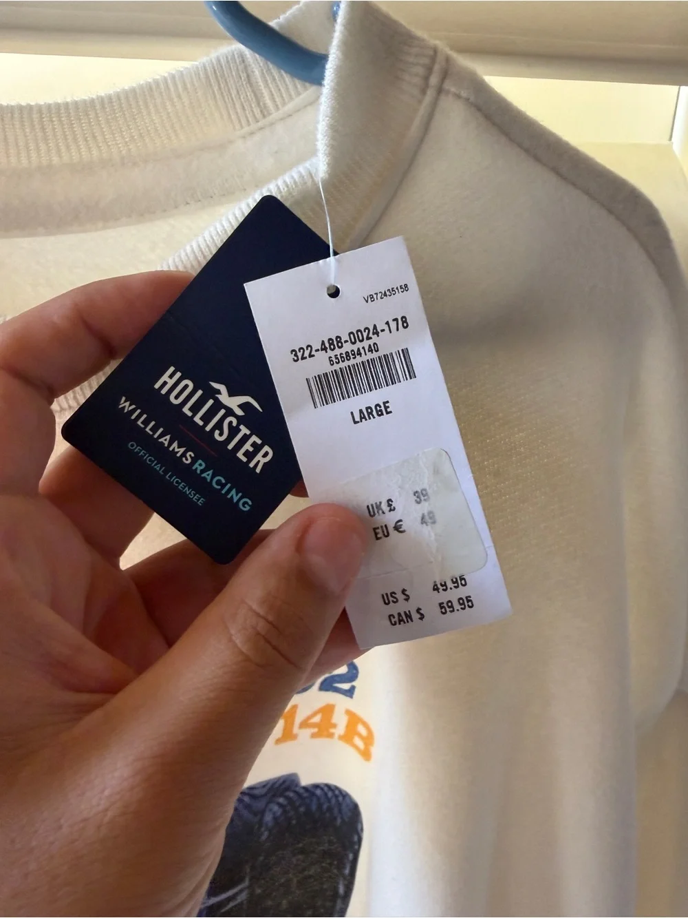 Hollister White Crewneck with Blue & Yellow Racing Car Graphic